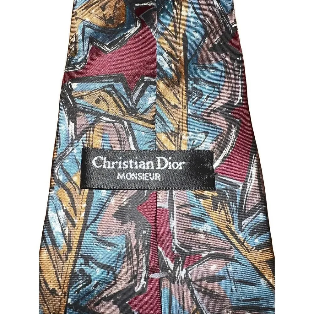 Christian Dior Monsieur Red And Blur Abstract Handmade Neck Tie